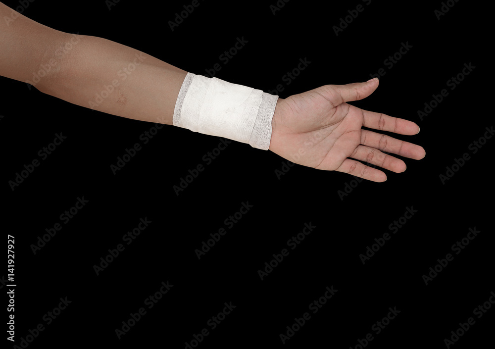 gauze bandage patient with hand wrap injury isolated on black background and clipping path gauze bandage patient with hand wrap injury isolated on black background and clipping path
