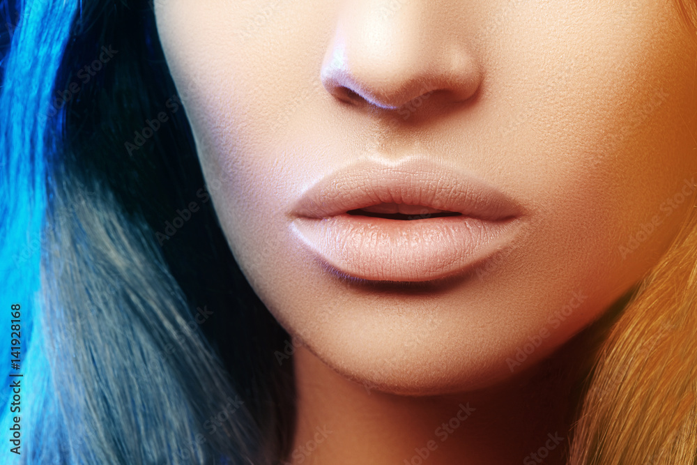 Obraz premium Beauty shot for spa salon. Close-up portrait beauty woman. Natural lip closep. Sexy and full lips. Clean skin