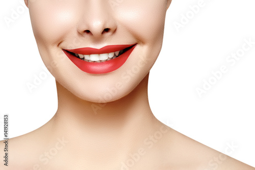 Wide smile of young beautiful woman, perfect healthy white teeth. Dental whitening, ortodont, care tooth and wellness