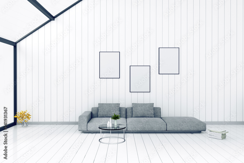3d rendering : room Minimalist interior light and shadow with Gray ...