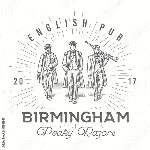 Retro peaky logo. Men in hats with blinders illustration. Gangsters vintage poster. English pub insignia. Birmingham gang vector design photo