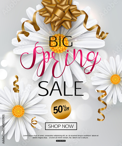 Elegant spring sale banner with chamomile flower for online magazines, womens shopping