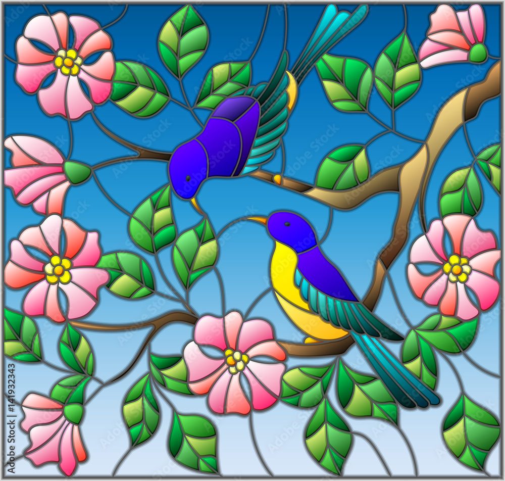 Illustration in stained glass style with two two bright birds on the branches of blooming wild rose on a background sky