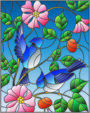 Illustration in stained glass style with two blue jays on the branches of blooming wild rose on a background sky
