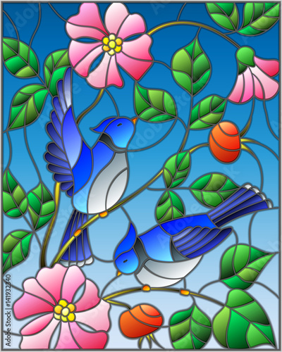 Fototapeta Naklejka Na Ścianę i Meble -  Illustration in stained glass style with two blue jays on the branches of blooming wild rose on a background sky