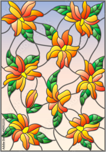 Illustration in the style of stained glass with intertwined lilies and leaves on a sky background