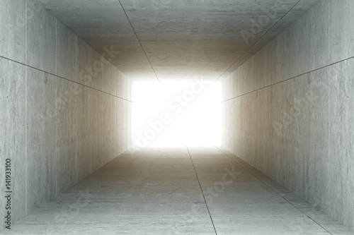 3d rendering : illustration of Abstract square cement concrete tunnel interior,light at the end of tunnel, go to success concept, abstract tunnel background