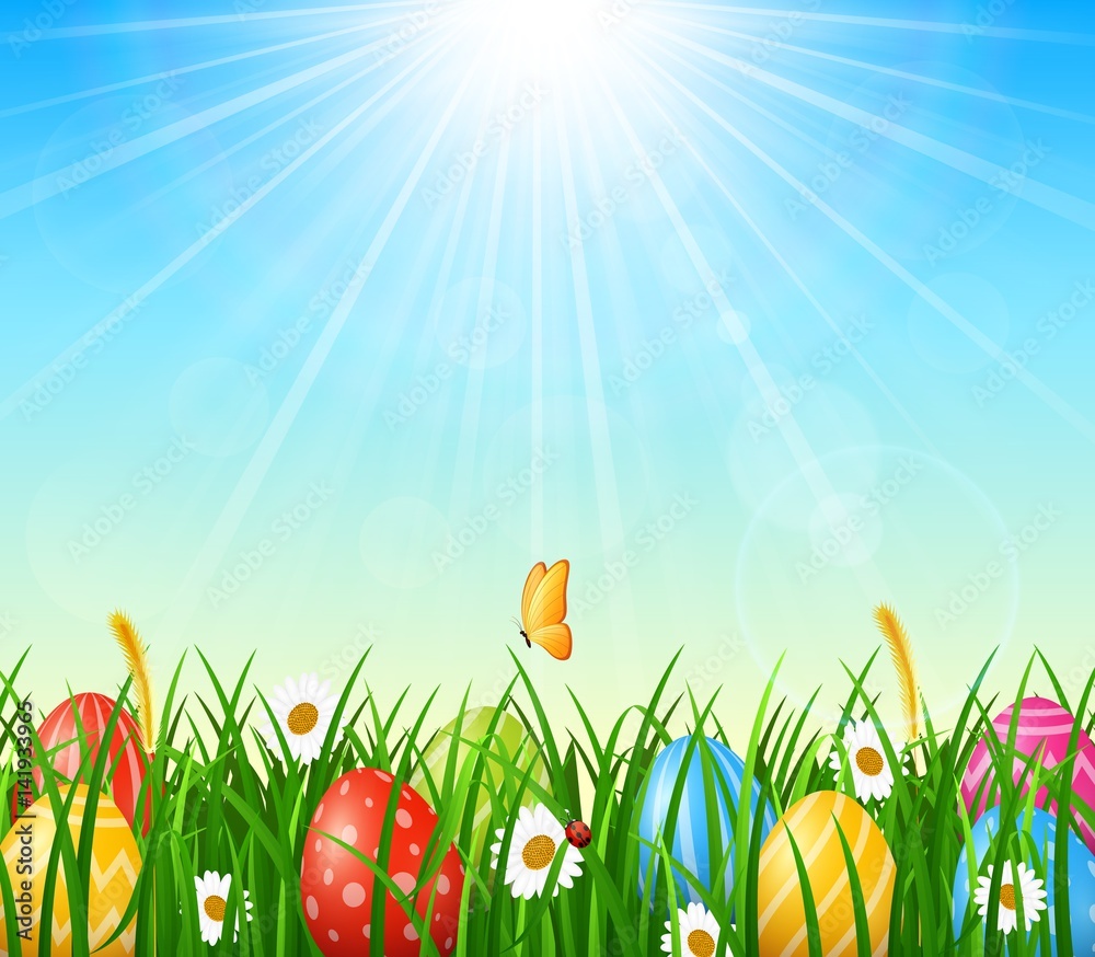Easter background with easter eggs in the grass on sunny sky background