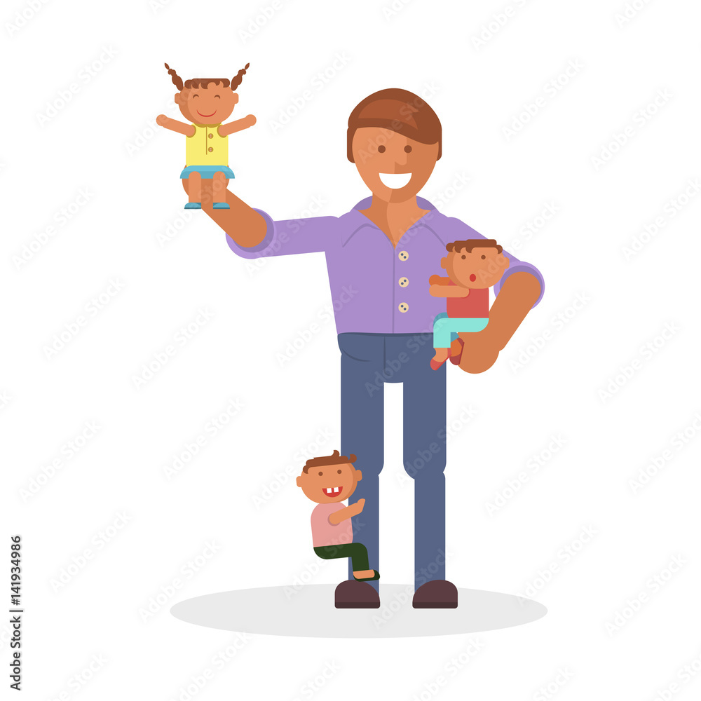Vector Illustration with dad and children. Baby son and daughter.