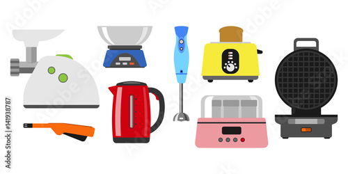 Home appliances cooking kitchen home equipment and flat style household cooking set electronics food template technology icon concept vector.