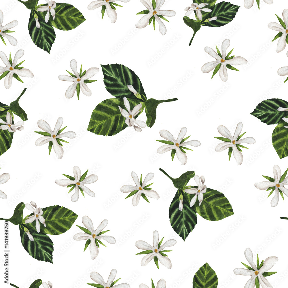 Seamless pattern with white flowers and beads and green leaves painted by watercolor . Hand drawn illustration.