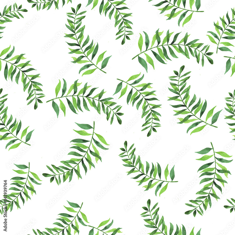 Fototapeta premium Seamless pattern with fresh palm leaves painted by watercolor . Hand drawn illustration.