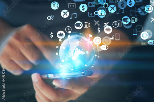 Social icons interface on hand. Social media concept