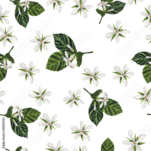 Seamless pattern with white flowers and beads and green leaves painted by watercolor . Hand drawn illustration.