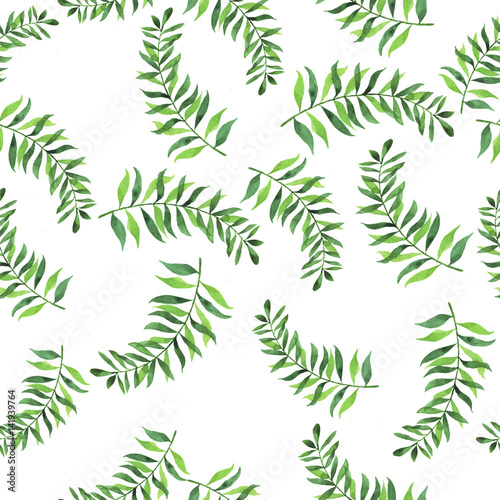 Seamless pattern with fresh palm leaves painted by watercolor . Hand drawn illustration.