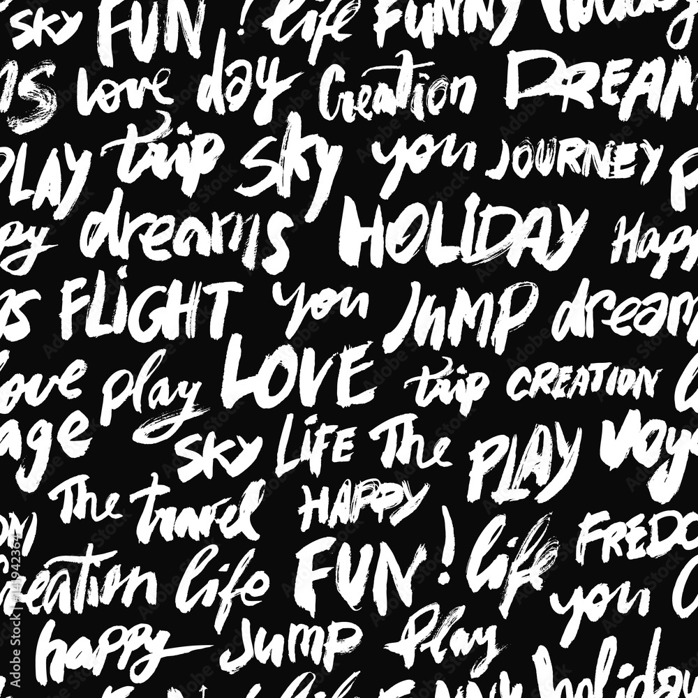 Seamless positive pattern with words love, fun, sky, travel, holiday and other