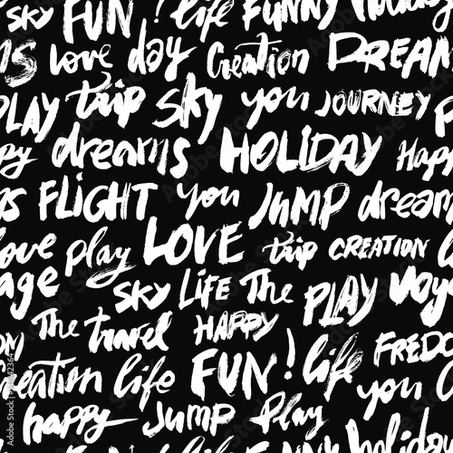 Seamless positive pattern with words love  fun  sky  travel  holiday and other