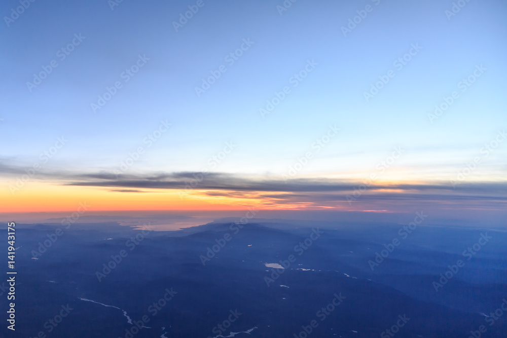 View of Aegean region of turkey from sky during sunset