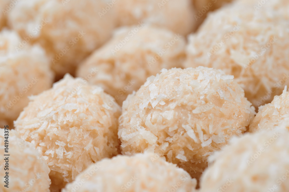 Pile of homemade sweets. Toffee and coconut balls