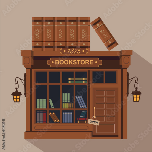 Books store building with books icons set, vector illustration