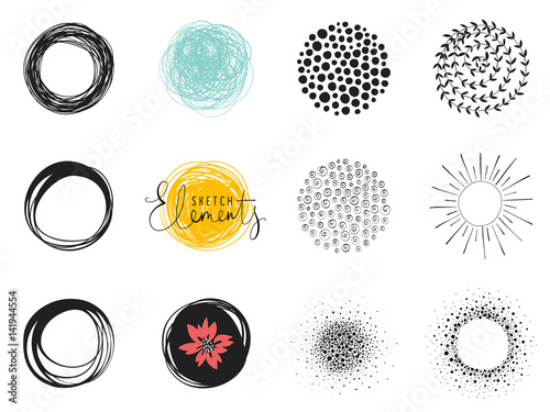 Set of sketch circle elements. Use for posters, art prints, greeting and business cards, banners, icons, labels, badges and other graphic designs.