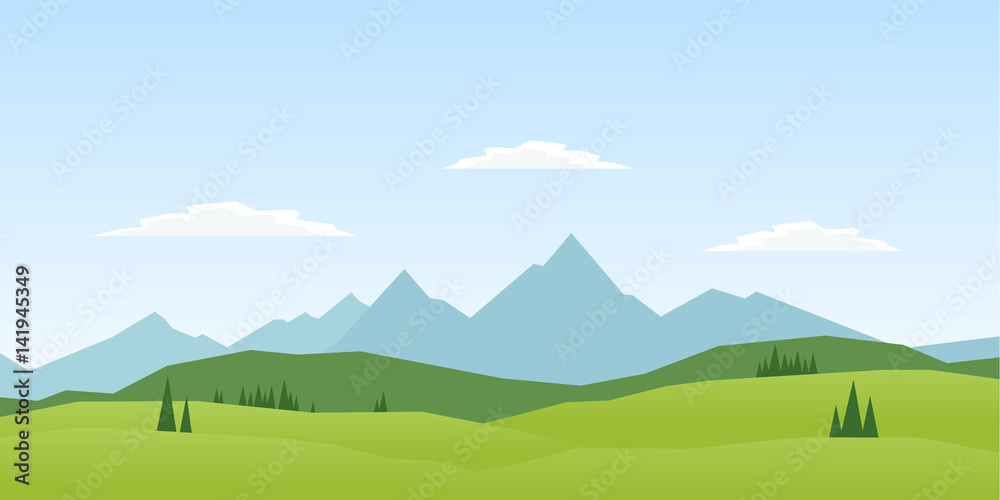 Naklejka premium Wektorowa ilustracja: Lato gór krajobraz z sosnami i wzgórzami.