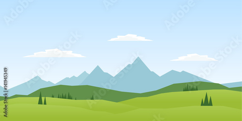 Vector illustration: Summer Mountains landscape with pines and hills.