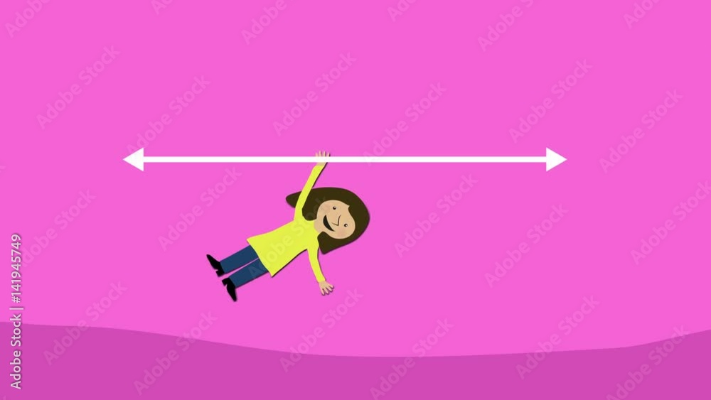 Woman hanging from arrow. Concept of decision, career path and choice. Animated character with flat design.