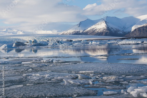 Jakulsalon lagoon winter lake with mountain and reflection background, Iceland natural landscape background photo