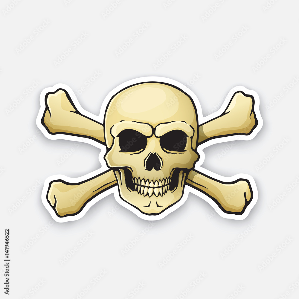 Vector illustration. Skull Jolly Roger with crossbones behind. Sticker in cartoon style with contour. Decoration for greeting cards, patches, prints for clothes, badges, posters, emblems