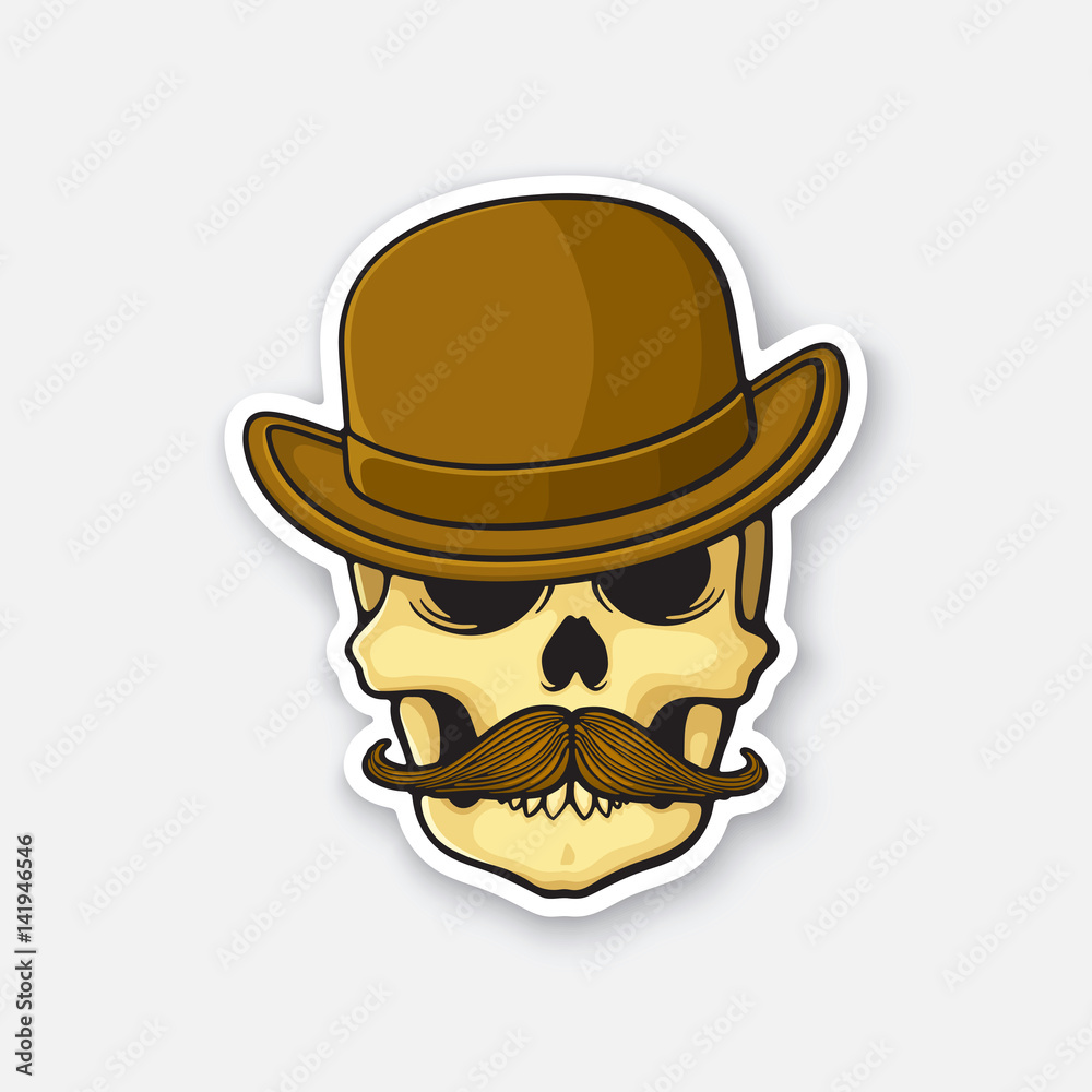 Vector illustration. Skull of a gentleman with a mustache in bowler hat. Sticker in cartoon style with contour. Decoration for greeting cards, patches, prints for clothes, badges, posters, emblems