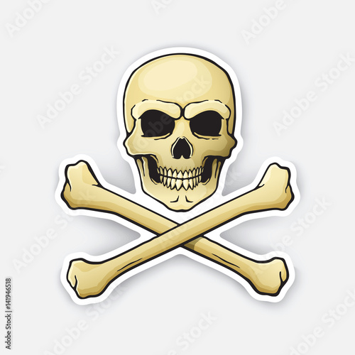 Vector illustration. Skull Jolly Roger with crossbones at the bottom. Sticker in cartoon style with contour. Decoration for greeting cards, patches, prints for clothes, badges, posters, emblems