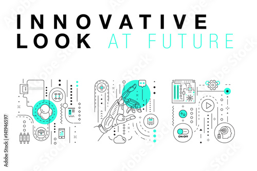 Trendy Innovation systems layouts in polygonal contour line composition, future analysis and technology operations. Made in awesome geometry style with linear pictogram of future for web design.
