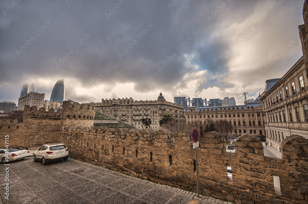 Panoramic view on Baku city and Flame Towers from Old City in Baku, Capital of Azerbaijan Republic