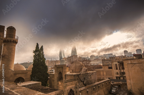 Panoramic view on Baku city and Flame Towers from Old City in Baku, Capital of Azerbaijan Republic photo