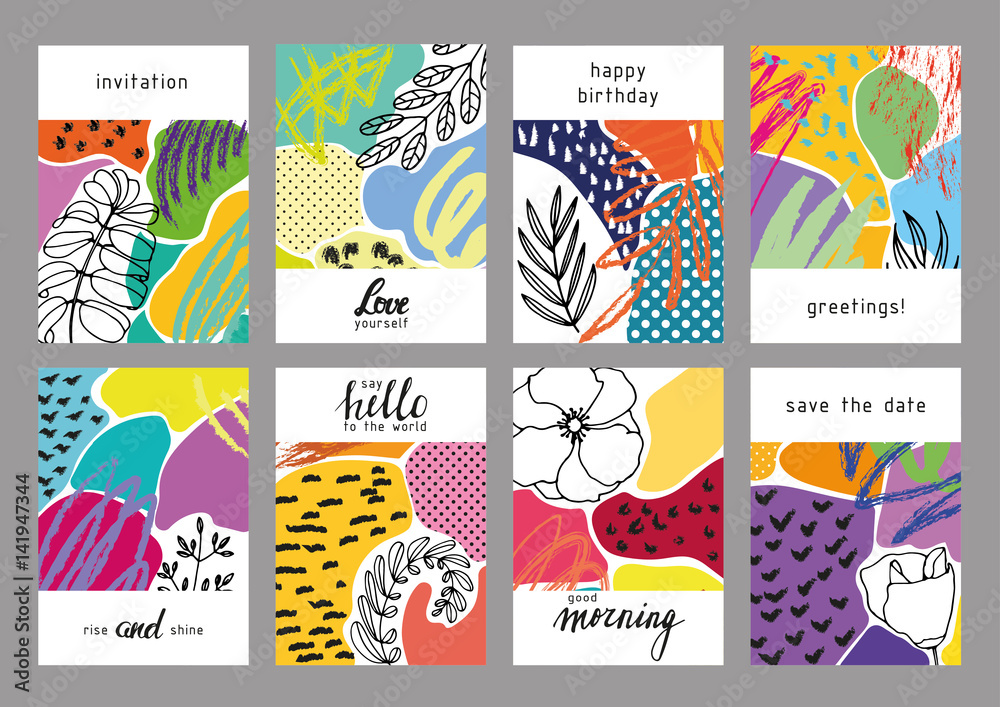 Set of creative universal floral cards. Designs for prints, wedding, anniversary, birthday, Valentine's day, party invitations, posters, cards, etc. Vector. Isolated.
