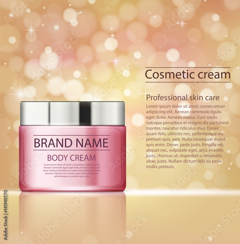 Facial treatment cream  cosmetic product. Moisturizing cream or liquid for body on golden pink template with sparkles.