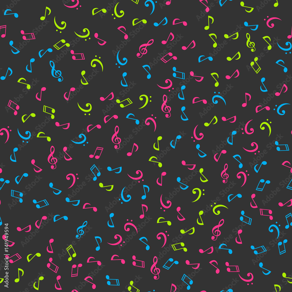 Vector seamless pattern with music notes in a chaotic manner on a dark background