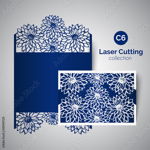 Laser cut wedding invitation. Envelope for cutting with aster flowers