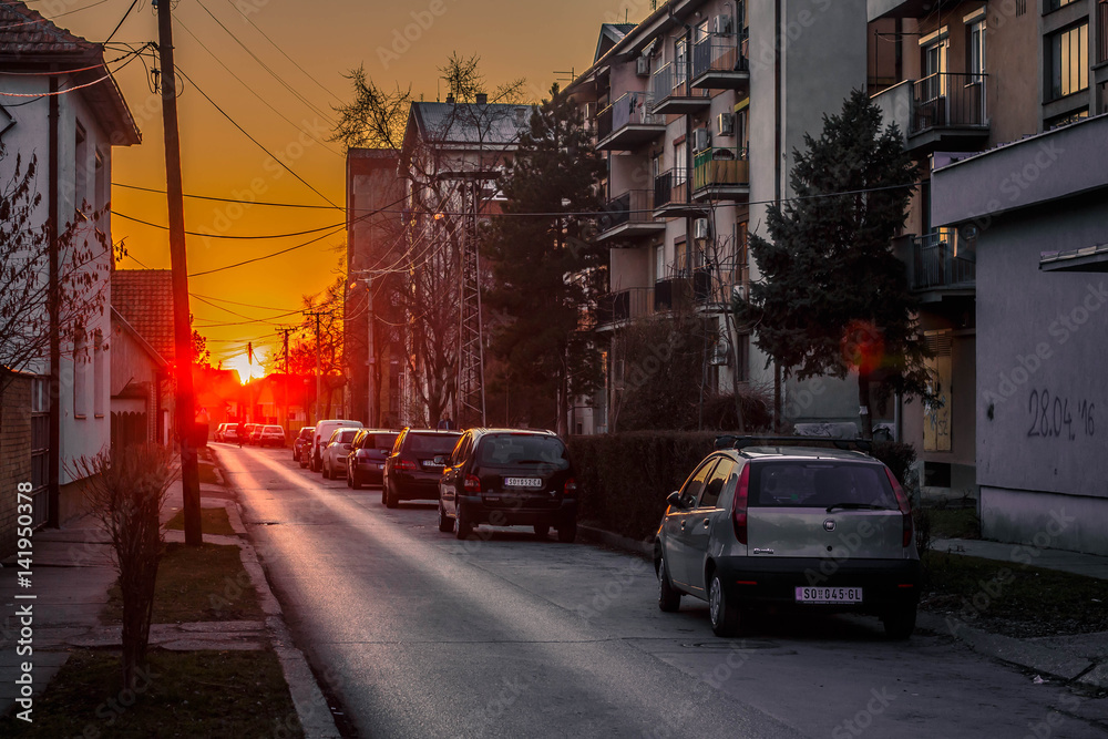 Street in Sombor, Serbia. Sunset is amazing