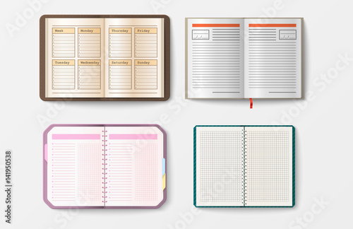 Set of open realistic notebooks with pages diary office sheet template booklet and blank paper education copybook organizer vector illustration.