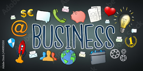 Hand-drawn business text and icons