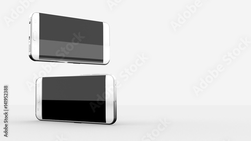 2 Phones Mock UPs In White Studio Environment, Black Screen, Horizontal Screens Position, Levitating, On ground With Shadow, 3D Illustration