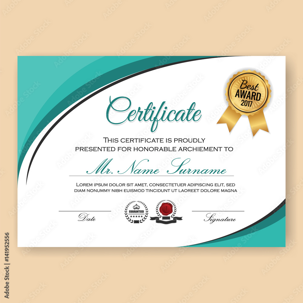 Plakat Modern Verified Certificate Background Template with Turquoise Color Scheme. Vector illustration