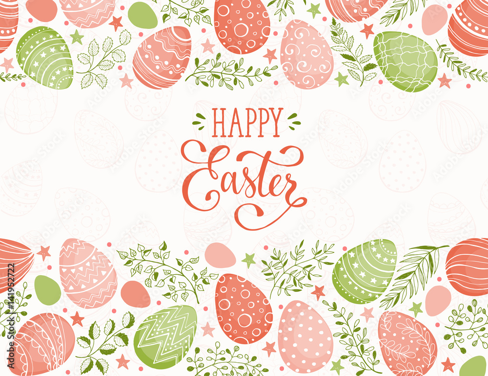 Naklejka premium Happy Easter greeting card. Eggs composition hand drawn black on white background. Decorative frame from Easter eggs and florals.