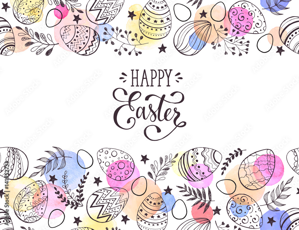 Happy Easter greeting card with watercolor spots on background. Easter eggs composition hand drawn black on white. Decorative horizontal frame from eggs with leaves and calligraphic wording. Happy Easter greeting card with watercolor spots on background. Easter eggs composition hand drawn black on white. Decorative horizontal frame from eggs with leaves and calligraphic wording.
