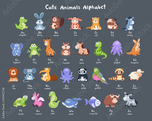 Funny characters alphabet. Cute cartoon baby animals collection with latin letters  on dark background.