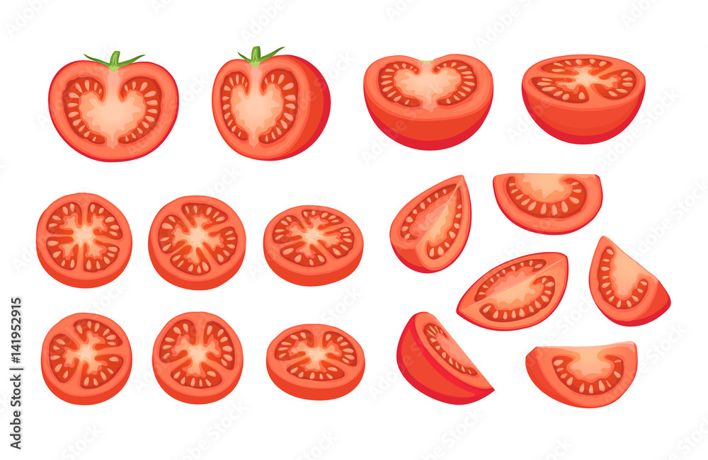 Collection of chopped tomatoes isolated on white background.  Tomato slices illustration.