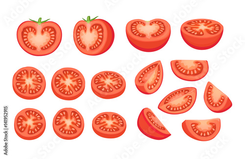 Collection of chopped tomatoes isolated on white background.  Tomato slices illustration.