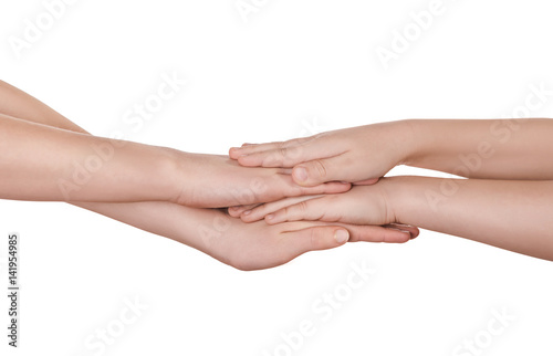Four hands isolated on white background